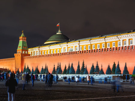 MOSCOW, RUSSIA - December 03, 2017. Night view on Red square. Kremlin walls, Senate tower and dome...