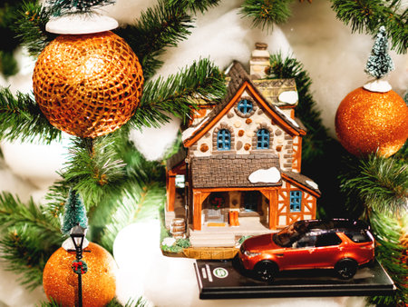 MOSCOW, RUSSIA - December 02, 2018. Vintage New Year decoration - different balls and house with parked car. Figures for Christmas tree.のeditorial素材