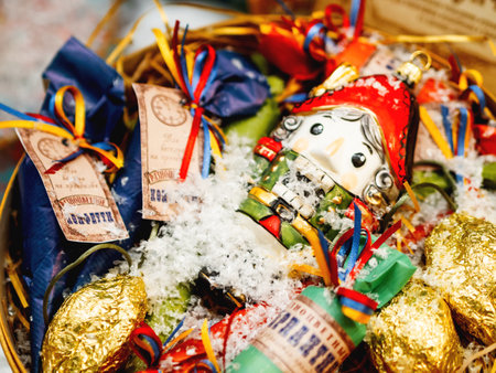 MOSCOW, RUSSIA - December 02, 2018. Vintage New Year decoration - colorful Nutcracker, decorative toy for Christmas tree.のeditorial素材