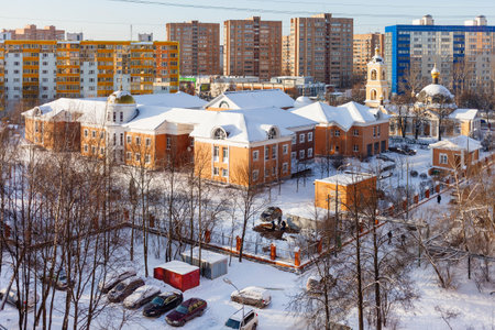 ODINTSOVO, RUSSIA - January 17, 2014. Aerial view on Grebnevskaya chuch (was built in XVIII century). Religious landmark and building of Sunday school.のeditorial素材