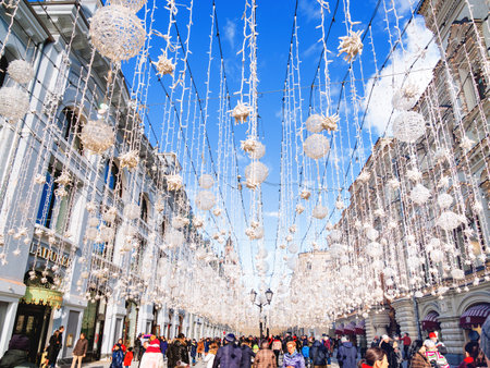 MOSCOW, RUSSIA - March 09, 2019. Nikolskaya street decorated with light bulbs.のeditorial素材