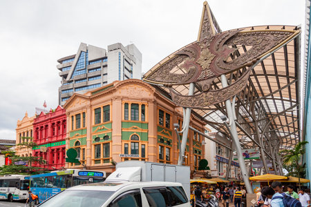 KUALA LUMPUR, MALAYSIA - February 04, 2013. Jalan Hang Kasturi. Decorative arch on Central market place.のeditorial素材