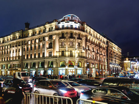 MOSCOW, RUSSIA - January 03, 2018. Illuminated National hotel on Manezhnaya square, famous landmark in Moscow.のeditorial素材