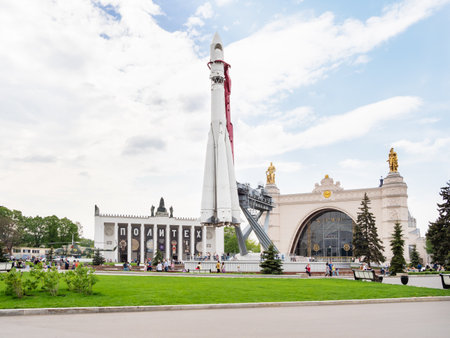 MOSCOW, RUSSIA - May 10, 2019. Pavilion Space and Transport and layout of the carrier rocket East. Exhibition of Economic Achievements (VDNH).のeditorial素材