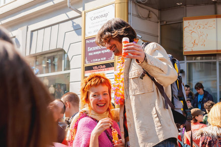 MOSCOW, RUSSIA - April 12, 2009. Dreamflash, street festival of soap bubbles. People dressed in...