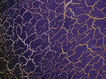 Dark violet texture with gold cracks. Surface with craquelure effect.の写真素材