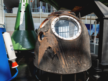 MOSCOW, RUSSIA - June 08, 2019. Descent vehicle of the Soyuz TMA. Interior and showpieces of Pavilion Space and Transport. Exhibition of Economic Achievements (VDNH).のeditorial素材