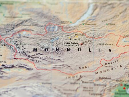World map with focus on Mongolia with capital city Ulan Bator.の写真素材