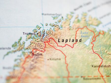 World map with focus on Lapland, Finland.の写真素材