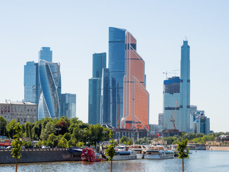 MOSCOW, RUSSIA - September 10, 2016. Panorama view of Moscow City buildings, modern business office center on Moscow-river bank.のeditorial素材