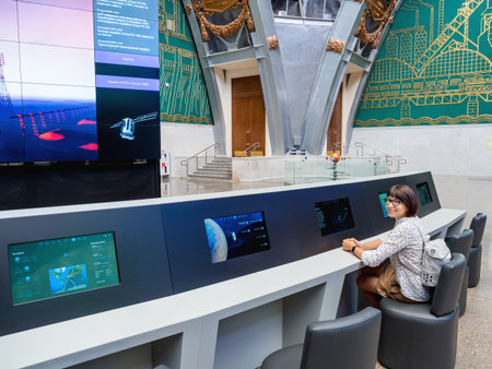 MOSCOW, RUSSIA - June 08, 2019. Mission control center in Pavilion Space and Transport. Exhibition of Economic Achievements (VDNH).のeditorial素材