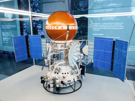 MOSCOW, RUSSIA - June 08, 2019. Model of Venera-9 orbiter for Soviet unmanned space mission to Venus. Pavilion Space and Transport. Exhibition of Economic Achievements (VDNH).のeditorial素材