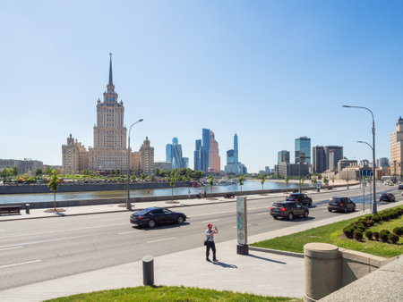 MOSCOW, RUSSIA - May 18, 2019. Hotel Ukraine, Radisson Collection. Historical building in sunny spring day.のeditorial素材