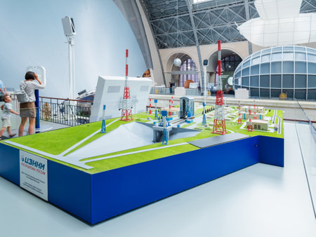MOSCOW, RUSSIA - June 08, 2019. Launch complex model for Soyuz-2 launch vehicle at Vostochny cosmodrome. Pavilion Space and Transport. Exhibition of Economic Achievements (VDNH).のeditorial素材
