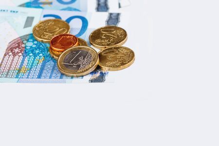 Euro coins and banknotes. European money, official currency of 19 of 28 member states of the European Union. Copy space.の写真素材