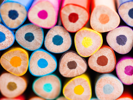 Ends of colorful  pencils. School supplies background. Kid's stationery. Back to school macro backdrop.の写真素材
