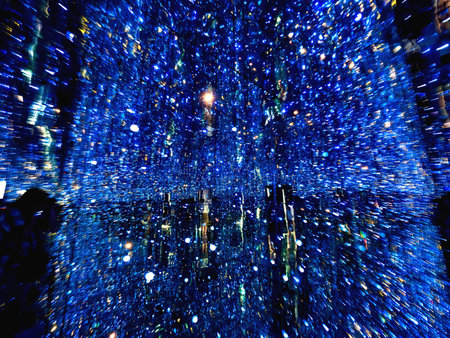 MOSCOW, RUSSIA - June 08, 2019. Dark room with light bulbs, imitation of open space in Pavilion Space and Transport. Exhibition of Economic Achievements (VDNH).のeditorial素材