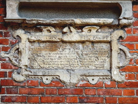KALININGRAD, RUSSIA - July 15, 2019. Epitaph Matthiae Stoijus. Outside wall of Cathedral of Koenigsberg.のeditorial素材