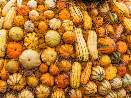 Bright orange and yellow pumpkins on straw. Top view on autumn crop.の写真素材