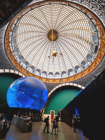 MOSCOW, RUSSIA - June 08, 2019. Bottom view on dome of Pavilion Space and Transport. Exhibition of Economic Achievements (VDNH).のeditorial素材