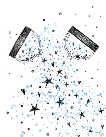 Broken hourglass with stars and magic blue sand. Digital painting, watercolor and pencil imitation.