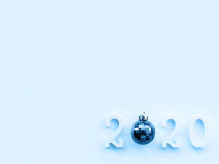 New Year 2020 background with classic blue ball. Numbers 2020 on white copy space with decorative...