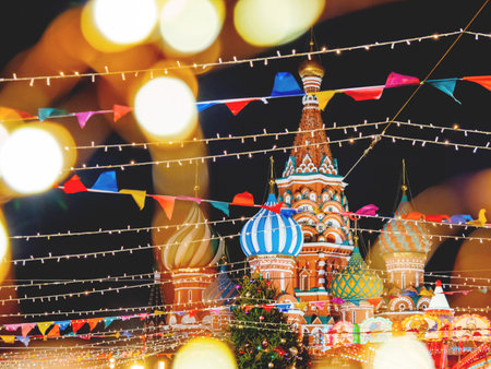 MOSCOW, RUSSIA - December 21, 2019. Saint Basil cathedral on Red Square. Christmas fair with light bulbs, carousels and decorations.のeditorial素材