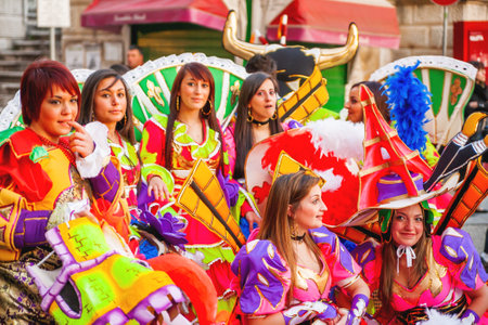 VALLETTA, MALTA - February 12, 2010. Traditional night festival. Carnival with giant moving dolls and people in colorful costumes.のeditorial素材