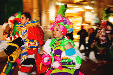 VALLETTA, MALTA - February 12, 2010. Traditional night festival. Carnival with giant moving dolls...