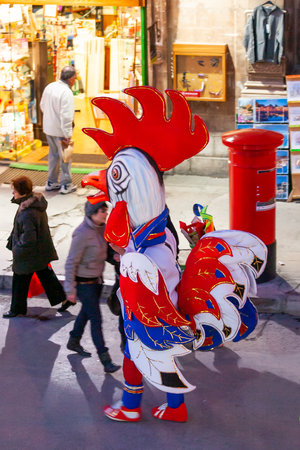 VALLETTA, MALTA - February 12, 2010. Traditional night festival. Carnival with giant moving dolls and people in colorful costumes.のeditorial素材