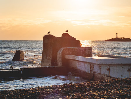 Beautiful sunset over Black sea in Sochi, Russia. Silhouettes of seagulls on rocks and tranquil sea surf.の写真素材