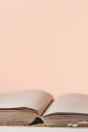 Banner with opened old book. Book with shabby covers and ragged pages on light pink background with...
