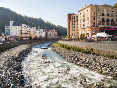 SOCHI, RUSSIA - October 13, 2018. Panorama view of Mzymta river embankment in Rosa Dolina. Famous Rosa Khutor Alpine Ski Resort near Sochi.のeditorial素材