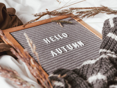 Letter board with season greeting HELLO AUTUMN. Crumpled textile background with dried grass, gray...