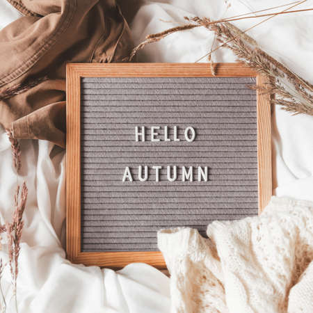 Top view on letter board with season greeting HELLO AUTUMN. Crumpled textile background with dried grass, white knitted sweater and brown warm outfits.の写真素材