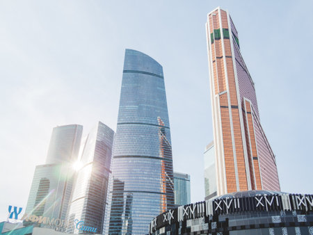 MOSCOW, RUSSIA - October 03, 2020. Moscow International Business Center (MIBC), Federation and Mercury towers and Afimall on clear blue sky background.のeditorial素材