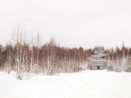 NIKOLA-LENIVETS, RUSSIA - January 15, 2017. Lazy ziggurat by FIELD DESIGN Project group. Wooden artobject on exhibit of architectural festival "Archstoyanie". Winter cloudy day.のeditorial素材