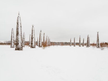 NIKOLA-LENIVETS, RUSSIA - January 15, 2017. Wooden art object, exhibit of outdoor architectural festival "Archstoyanie". Winter cloudy day.のeditorial素材
