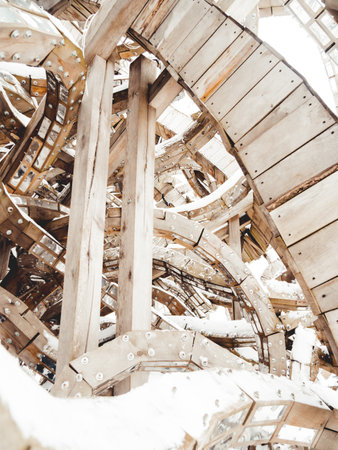 NIKOLA-LENIVETS, RUSSIA - January 15, 2017. Wooden art object Universal mind by Nikolay Polissky. Exhibit of architectural festival "Archstoyanie". Winter cloudy day.のeditorial素材
