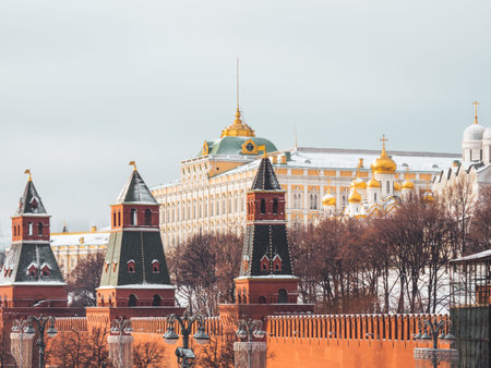 Senate Palace behind red brick walls of Kremlin. Architectural landmark in Moscow, Russia.のeditorial素材