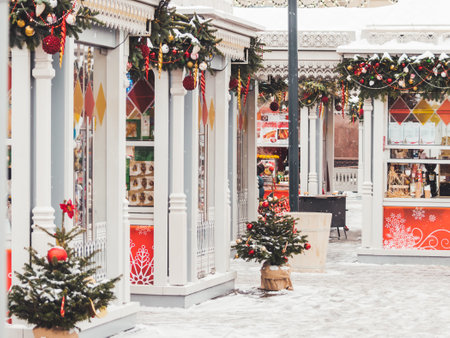MOSCOW, RUSSIA - December 28, 2018. Small shops on Red Square decorated with Christmas trees for New Year celebration.のeditorial素材