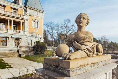 ALUPKA, CRIMEA - February 10, 2015. Sphinx statue in front of Massandra Palace. Chateauesque villa...