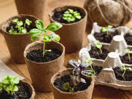 Basil seedlings in biodegradable pots on wooden table. Green plants in peat pots. Baby plants sowing...