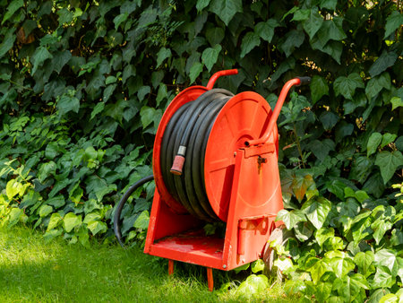 Bright red fire hose in garden. Flexible hose for water supply in case of fire. Preventive measures to prevent natural disasters from flame.の写真素材