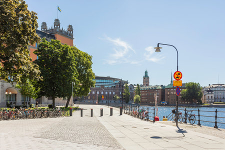 STOCKHOLM, SWEDEN - July 06, 2017. Bicycle parking near building of Rosenbad which serves as the seat of the Government. It was designed by Art Nouveau architect Ferdinand Boberg in 1902.のeditorial素材