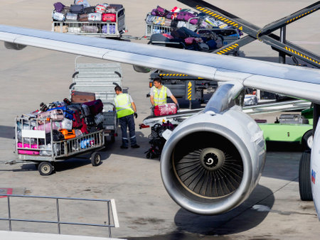 ANTALYA, TURKEY - May 22, 2018. Technical staff loads tourists' luggage on board of passenger plane at Antalya Airport. A lot of colorful suitcases fall into luggage compartment on conveyor belt.のeditorial素材