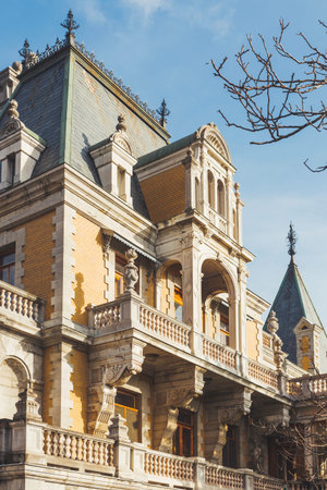 MASSANDRA, CRIMEA - February 10, 2015. Facade of Massandra Palace. Chateauesque villa of Emperor...
