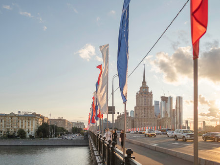 MOSCOW, RUSSIA - August 22, 2021. View on Moscow-river embankment, Novoarbatsky bridge and hotel Ukraine. Famous skyscraper at summer sunset.のeditorial素材