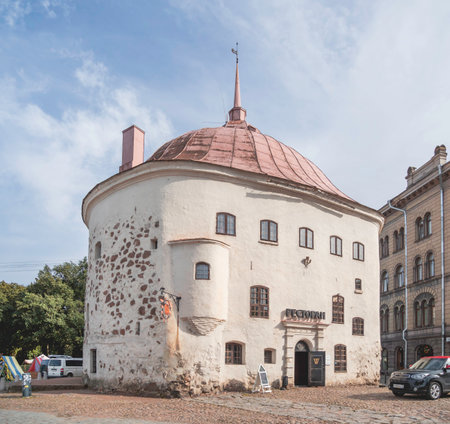 VYBORG, RUSSIA - August 16, 2021. Famous Round Tower. Medieval fortification at the market square of Vyborg.のeditorial素材