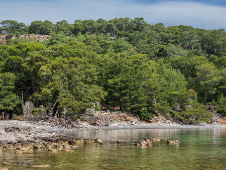 Northern Harbor of ancient city Phaselis. Ruins of Greek city on coast of ancient Lycia....